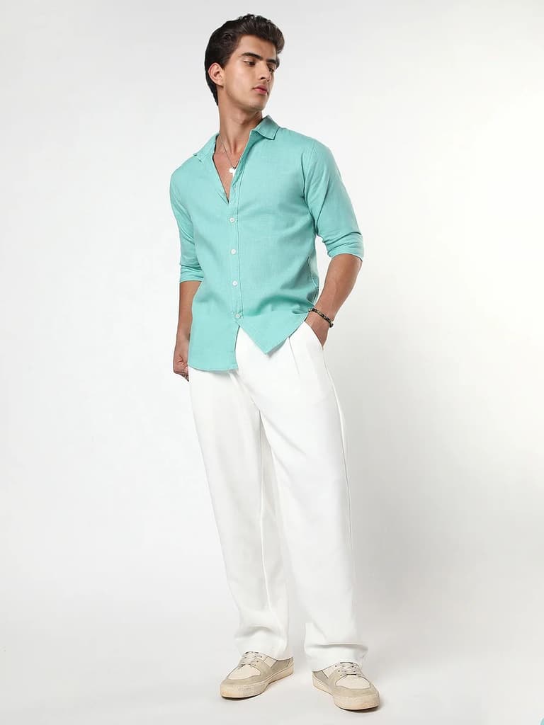 Men's Light Teal Linen Blend Full Sleeve Relaxed Fit Casual Solid Shirt — photo 4