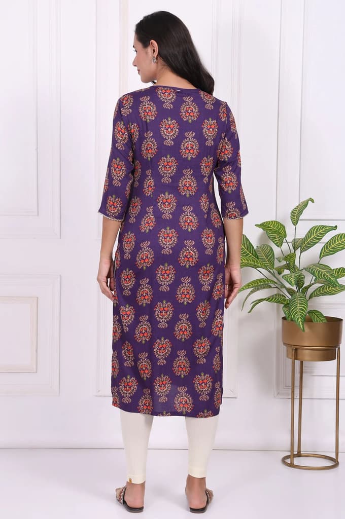 Purple Floral Printed Lace Rayon Straight Kurta — photo 5