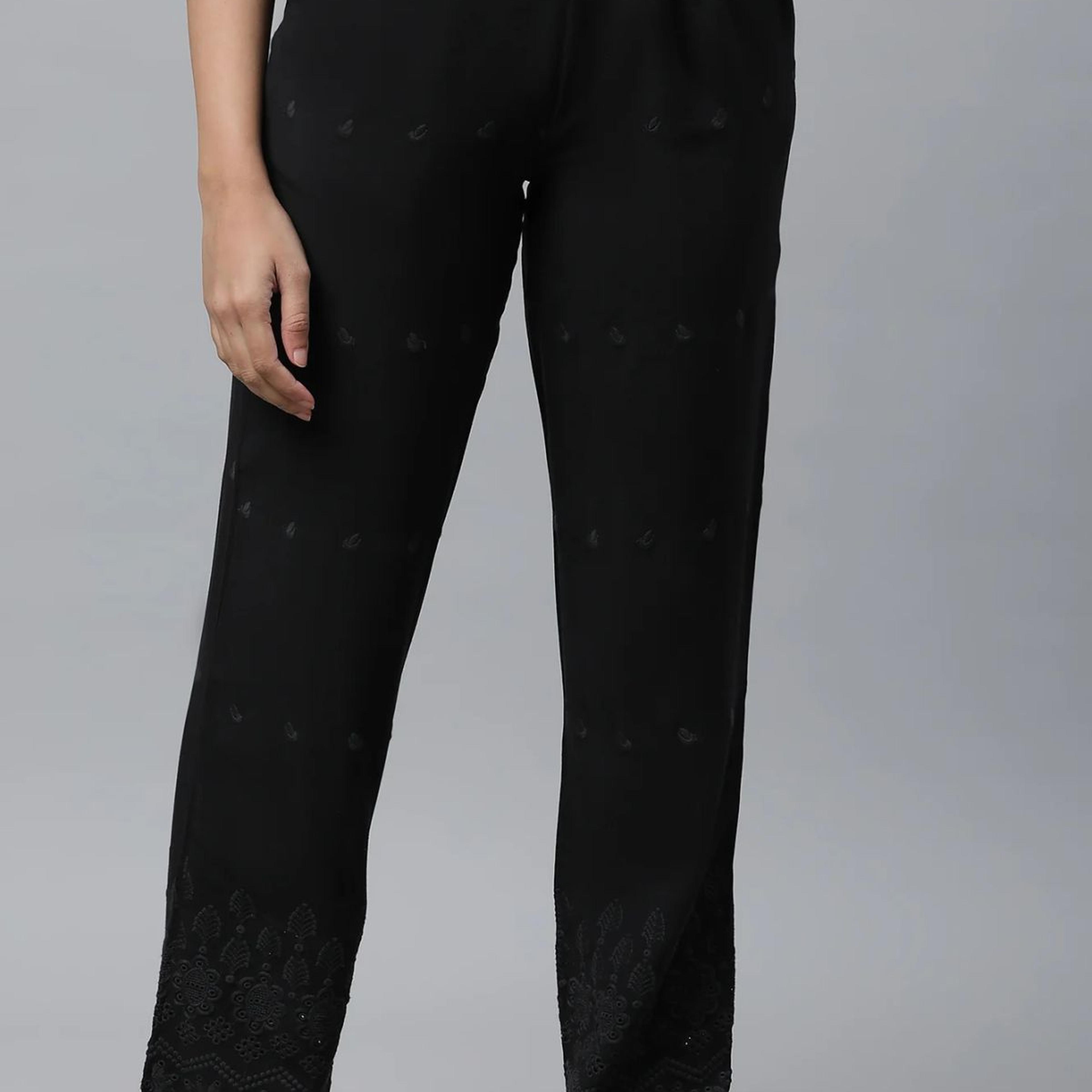 Black Schiffli Embroidered Straight Fit Woven Palazzo With Elasticated Waist