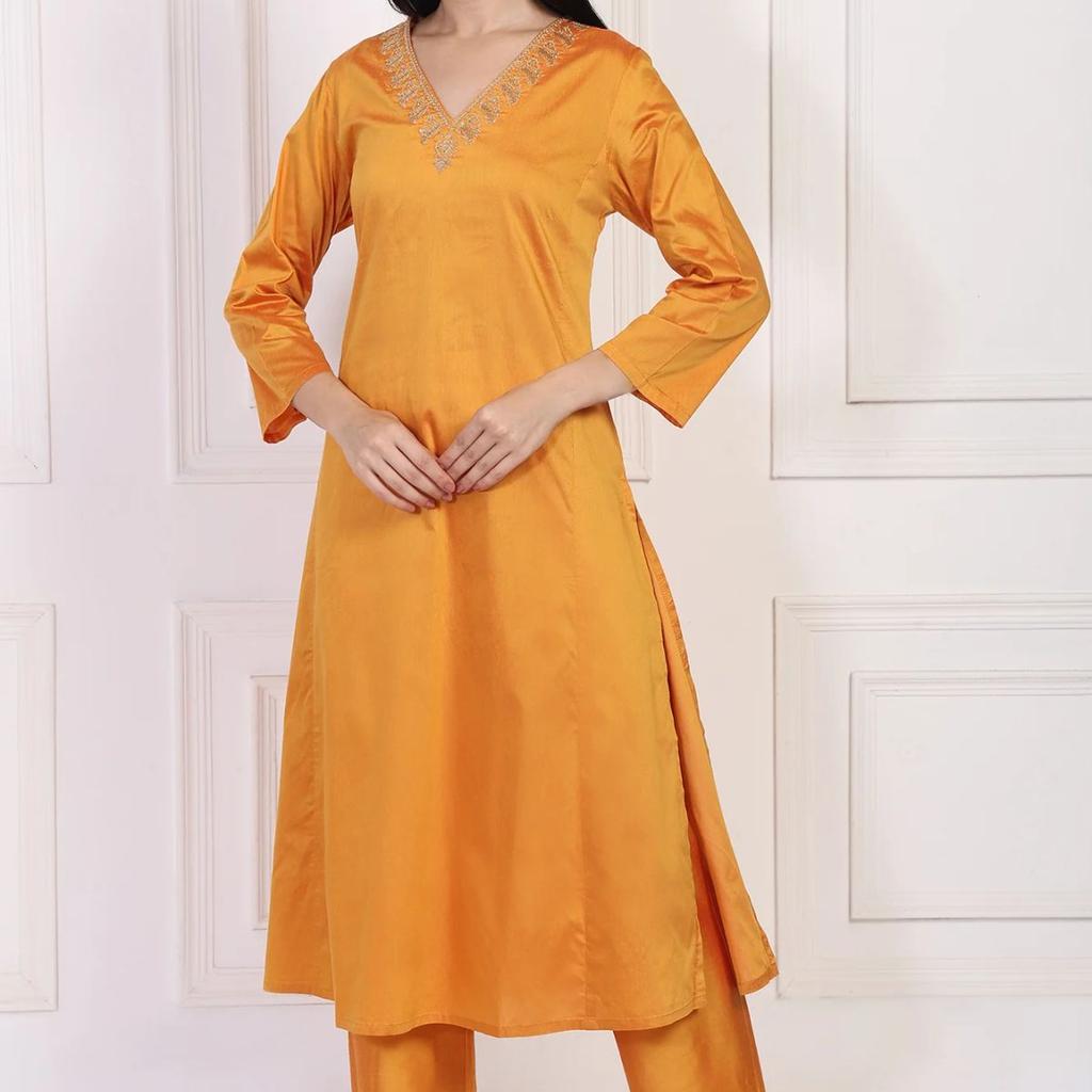Orange Embroidered Flared Satin Kurta with Straight Pant Set