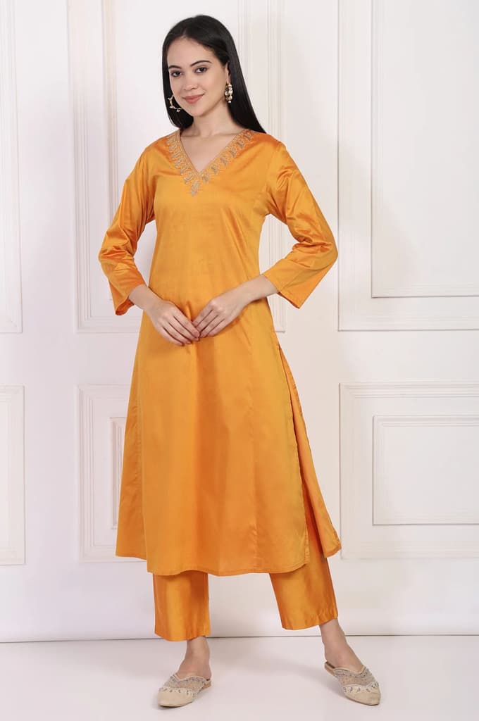 Orange Embroidered Flared Satin Kurta with Straight Pant Set — XS