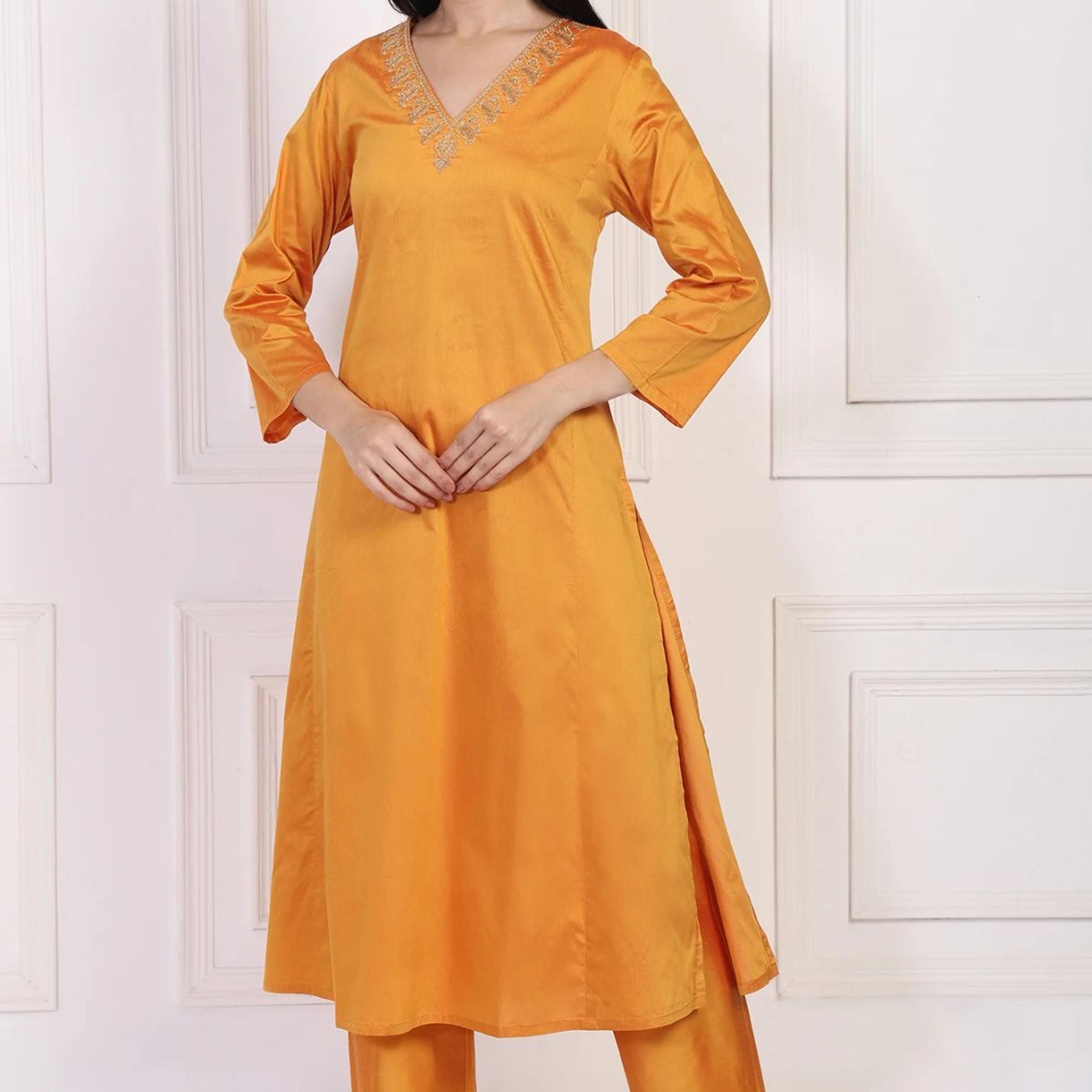 Orange Embroidered Flared Satin Kurta with Straight Pant Set