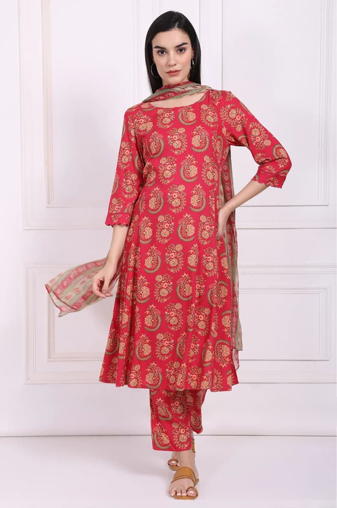 Red Ethnic Motifs Printed A-Line Rayon Kurta with Straight Pant and Dupatta Set