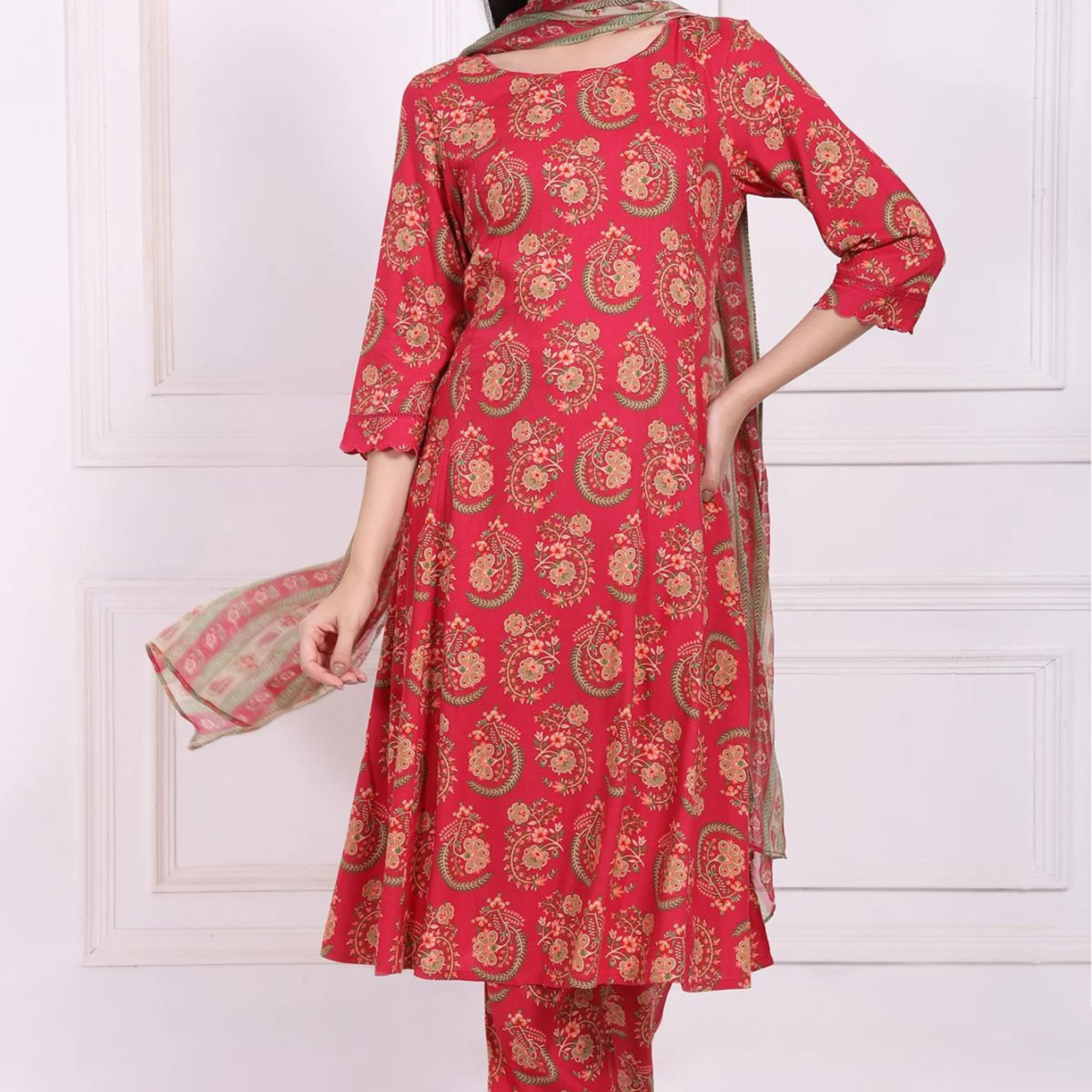 Red Ethnic Motifs Printed A-Line Rayon Kurta with Straight Pant and Dupatta Set