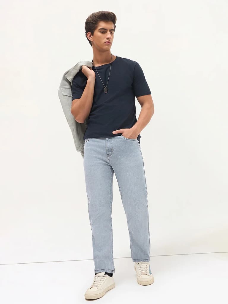 Men's Light Grey Straight Fit Washed Denim Jeans Stretchable — photo 4