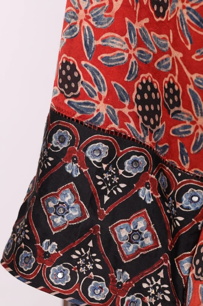 Brick Red Ajrak Printed Mirror Work Modal Satin Straight Kurta — photo 7