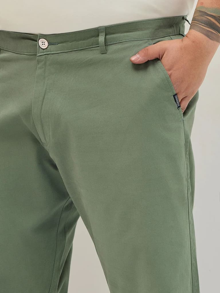 Plus Men's Sage Green Straight Fit Mid Rise Cotton Casual Chinos Trousers Stretch — photo 5