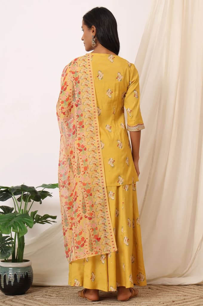 Mustard Yellow Printed Short Shantung Kurti, Culottes and Dupatta Set — photo 6