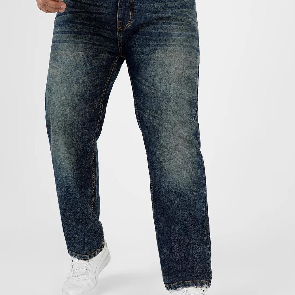 Plus Men's Dark Blue Regular Fit Washed Jeans Stretchable