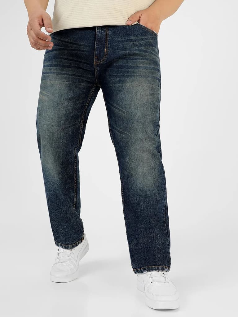 Plus Men's Dark Blue Regular Fit Washed Jeans Stretchable — 36 / Dark Blue