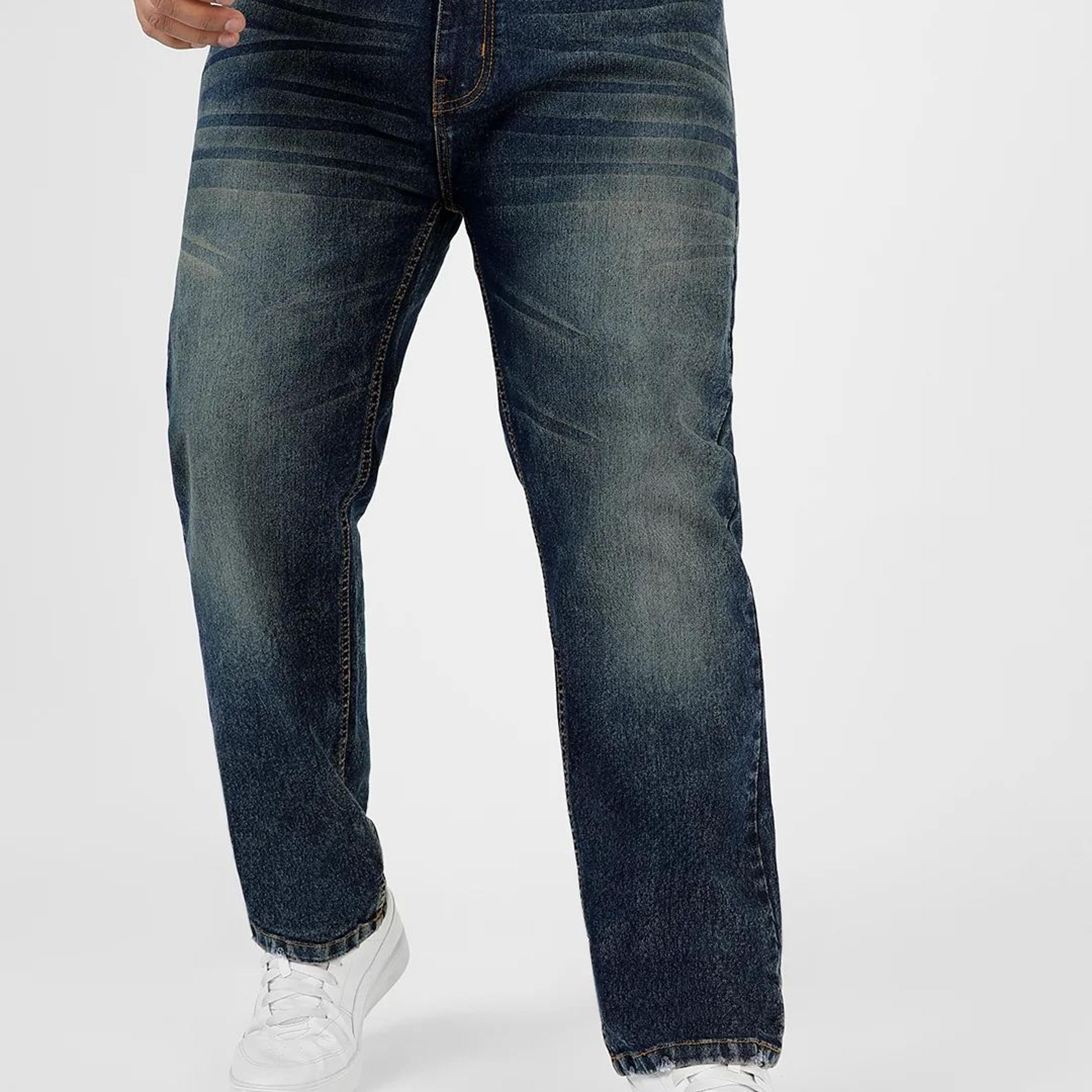 Plus Men's Dark Blue Regular Fit Washed Jeans Stretchable