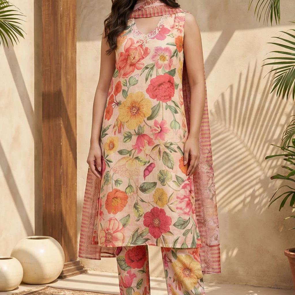 Pink Floral Printed Straight Kurta with Pants and Dupatta Set