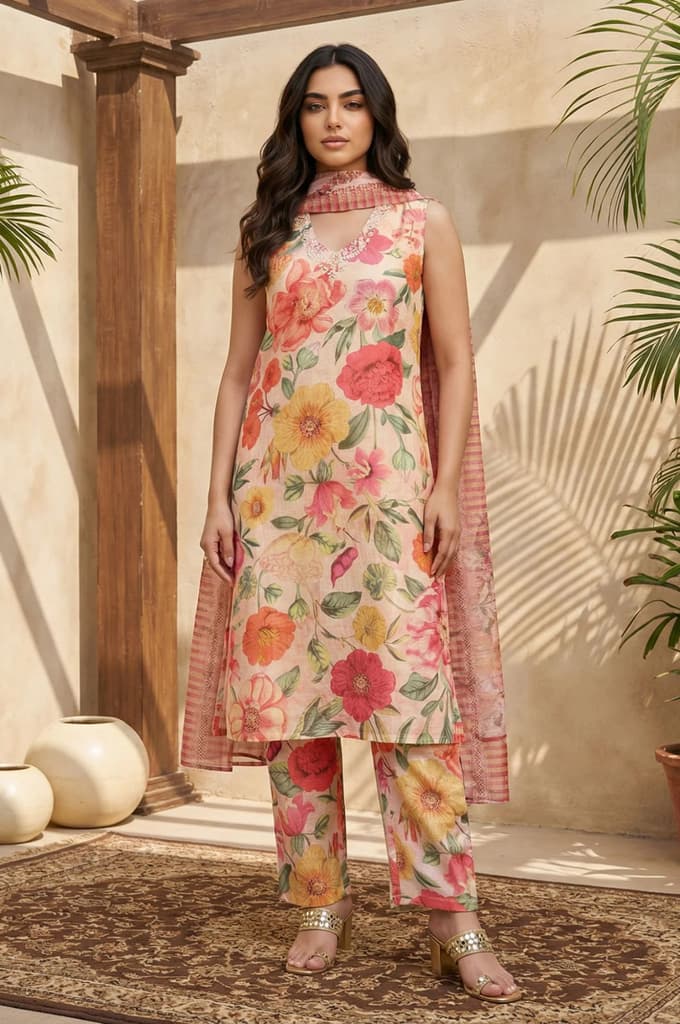 Pink Floral Printed Straight Kurta with Pants and Dupatta Set — XS