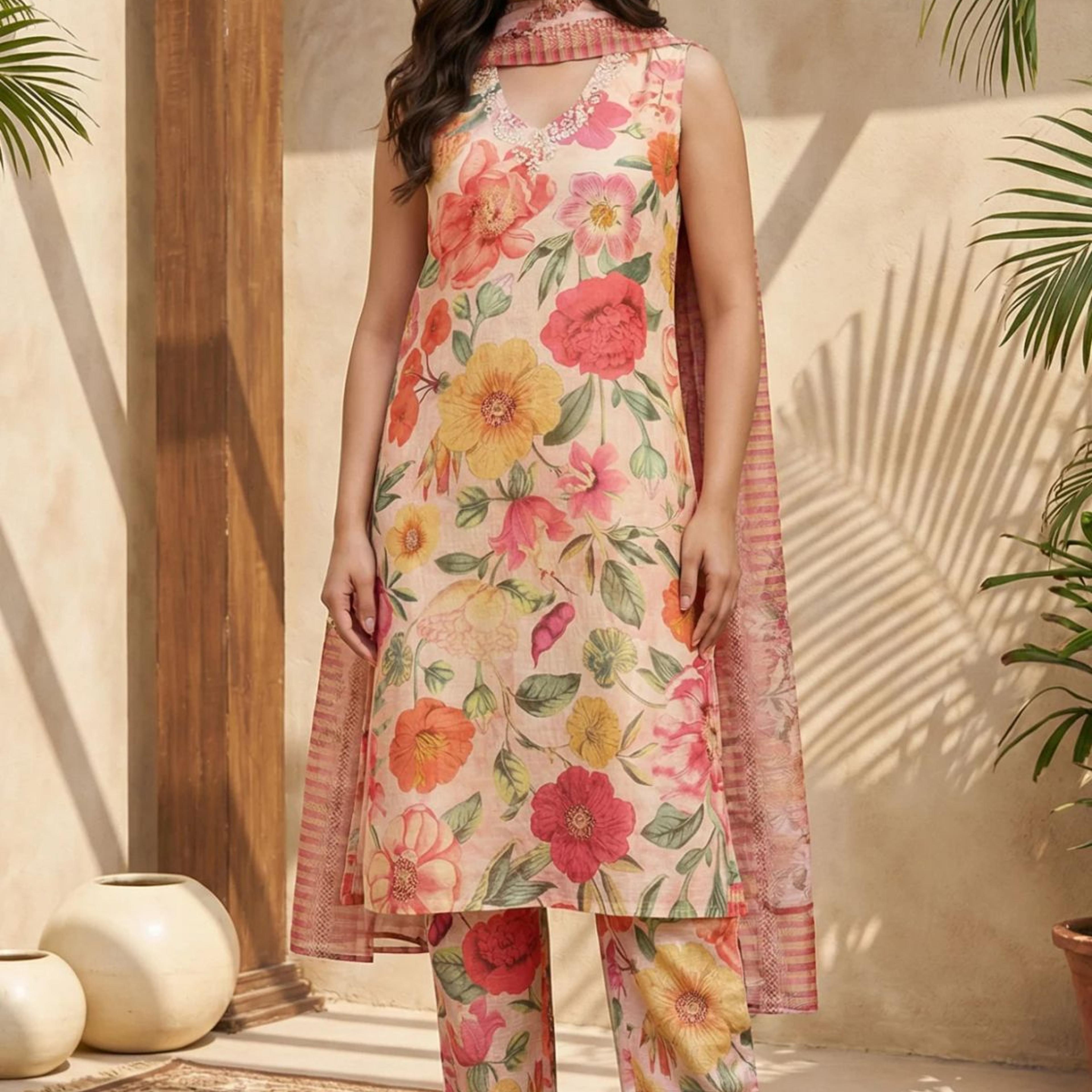 Pink Floral Printed Straight Kurta with Pants and Dupatta Set