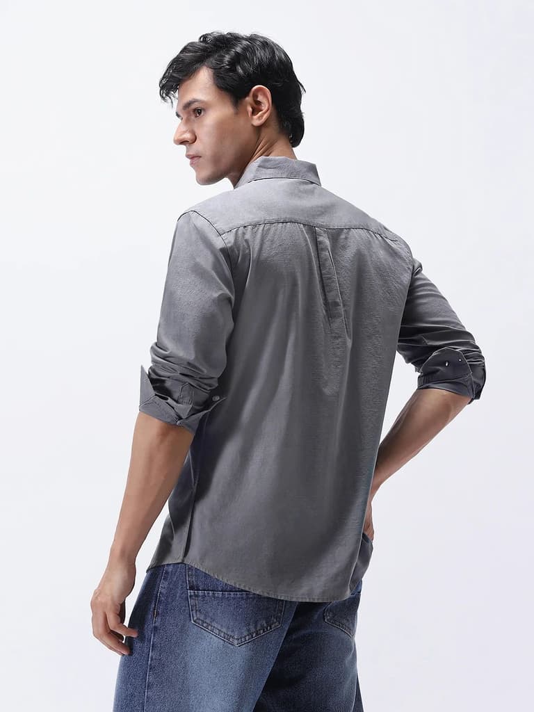 Men's Grey Cotton Full Sleeve Regular Fit Casual Solid Slub Shirt with Spread Collar — photo 3