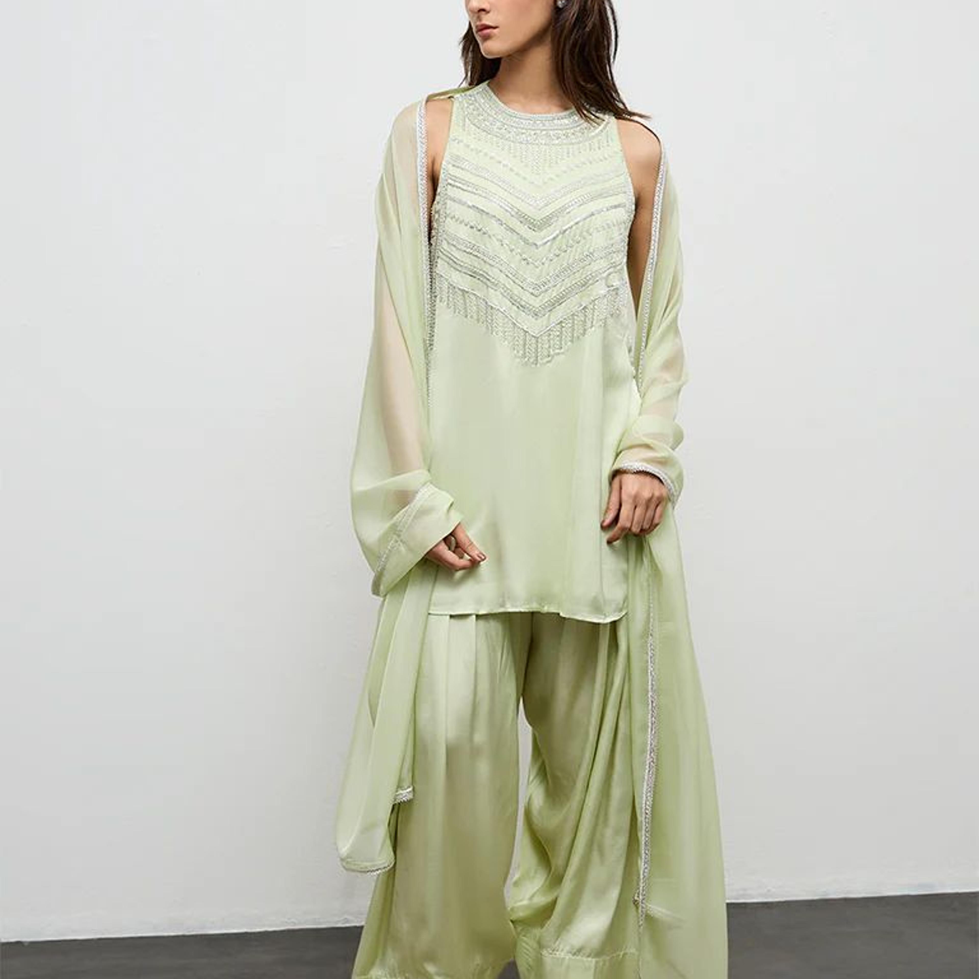 Vark Light Lime Embellished A-Line Ethnic Set