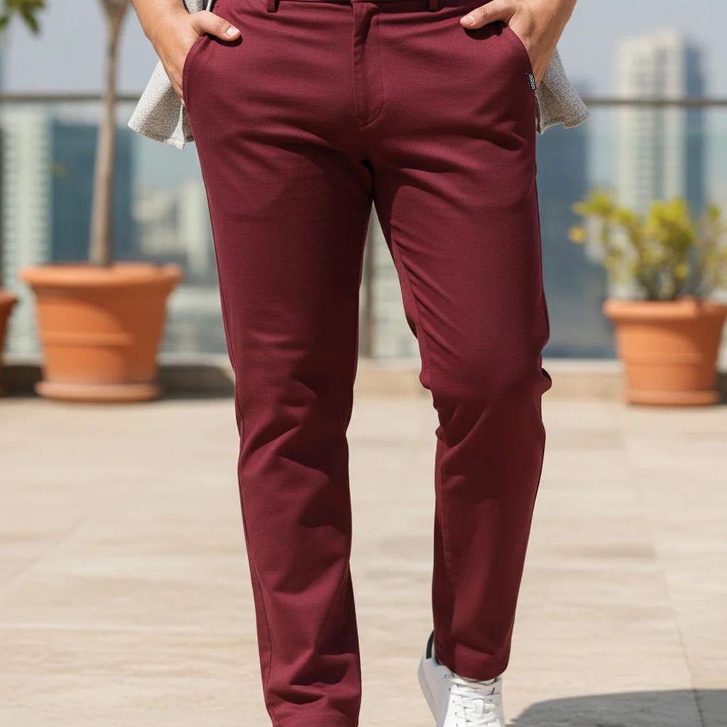 Plus Men's Dark Maroon Cotton Regular Fit Casual Chinos Trousers Stretch