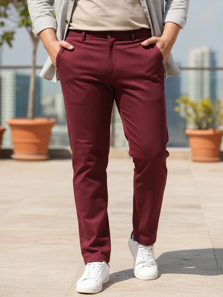 Plus Men's Dark Maroon Cotton Regular Fit Casual Chinos Trousers Stretch — 36 / Dark Maroon