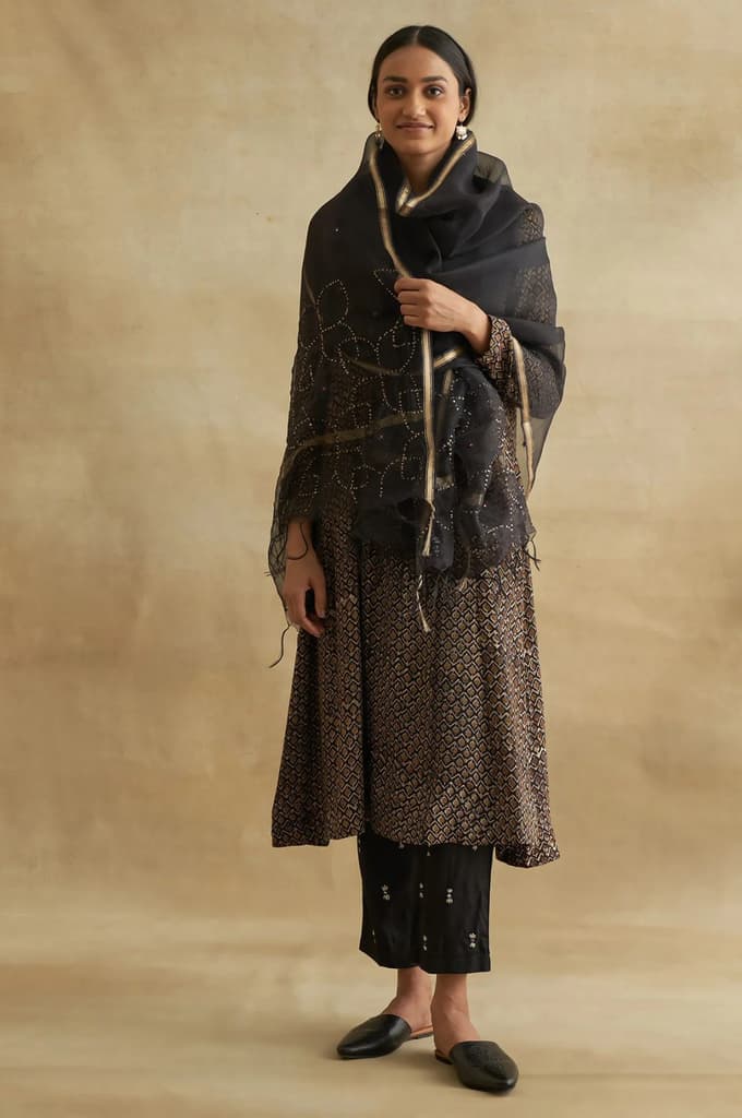 Black Thread Embroidered Silk Tussar Straight Pants — photo 5