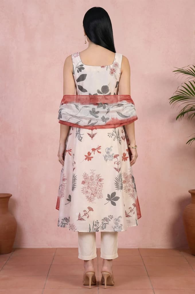 Cream Embroidered Floral Printed Chanderi A-line Kurta with Straight Pants and Dupatta Set — photo 5