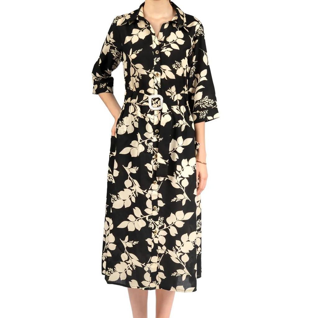 Black & Beige Floral Midi Dress