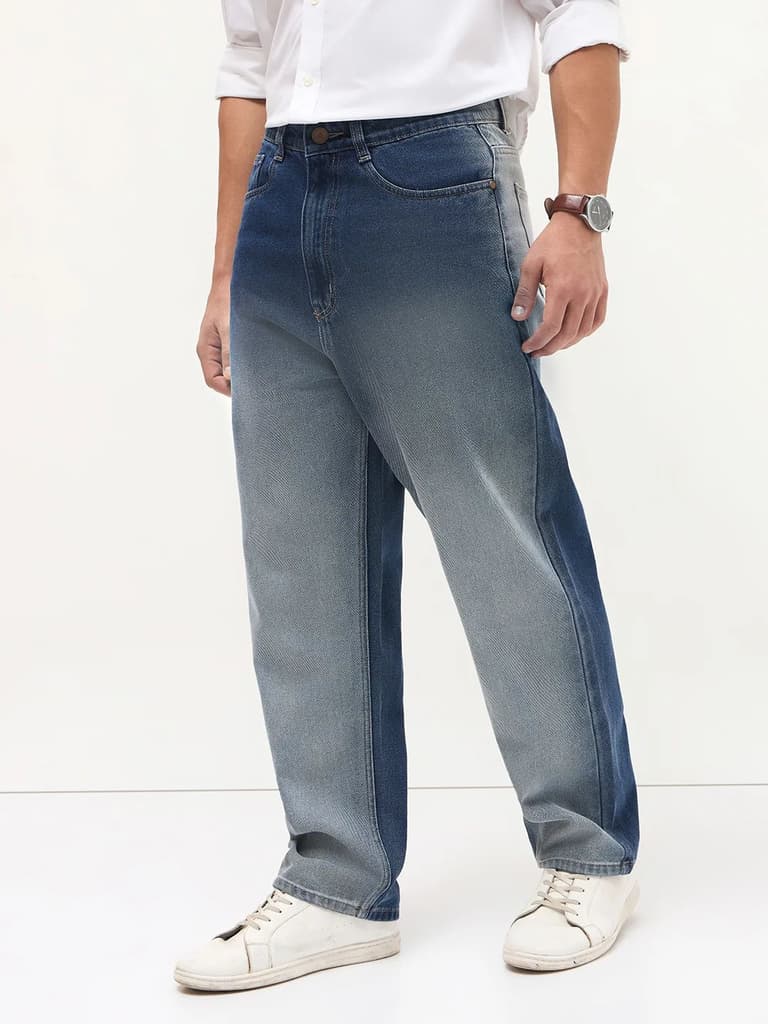 Men's Blue Loose Baggy Fit Heavy Washed Faded Denim Jeans Non-Stretchable — photo 2