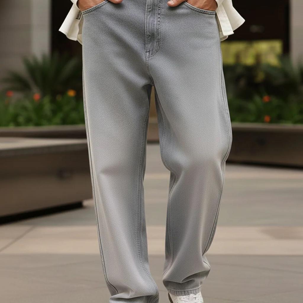 Men's Light Grey Loose Baggy Fit Heavy Washed Faded Denim Jeans Non-Stretchable