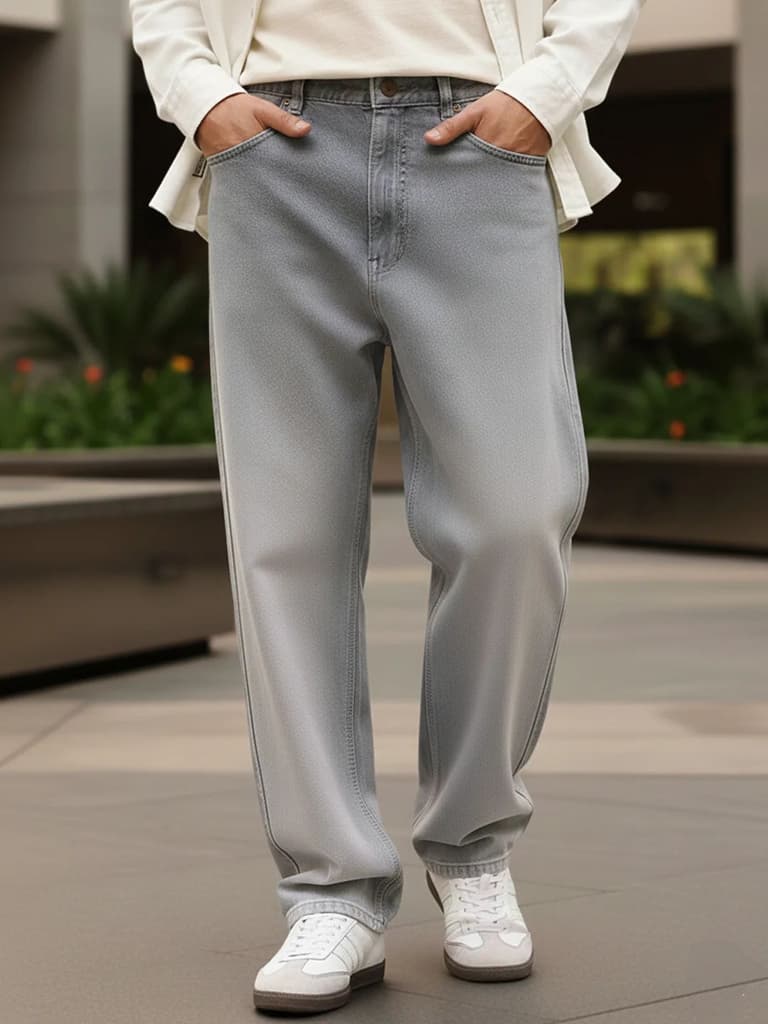 Men's Light Grey Loose Baggy Fit Heavy Washed Faded Denim Jeans Non-Stretchable — 28 / Light Grey