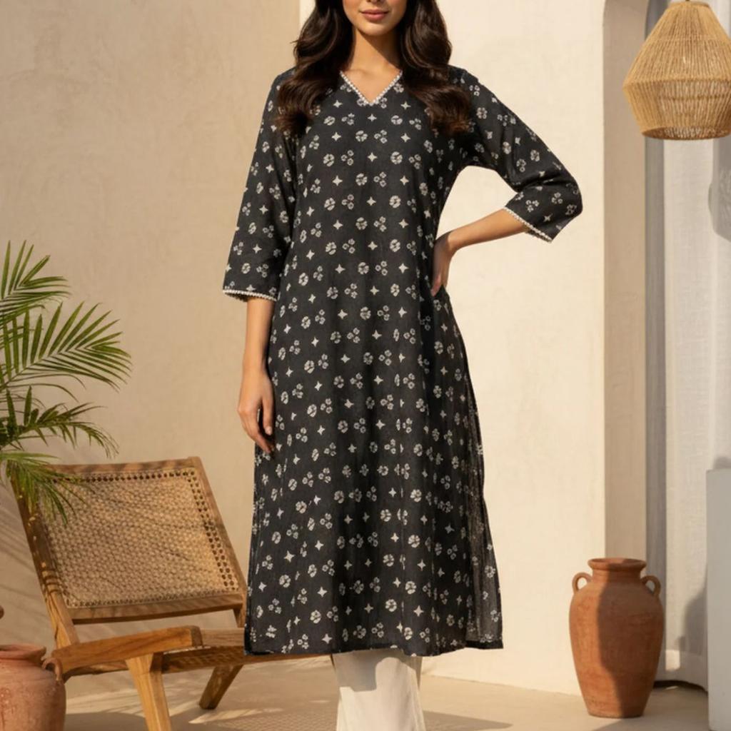 Charcoal Geometric Printed Lace Pure Cotton A-line Kurta