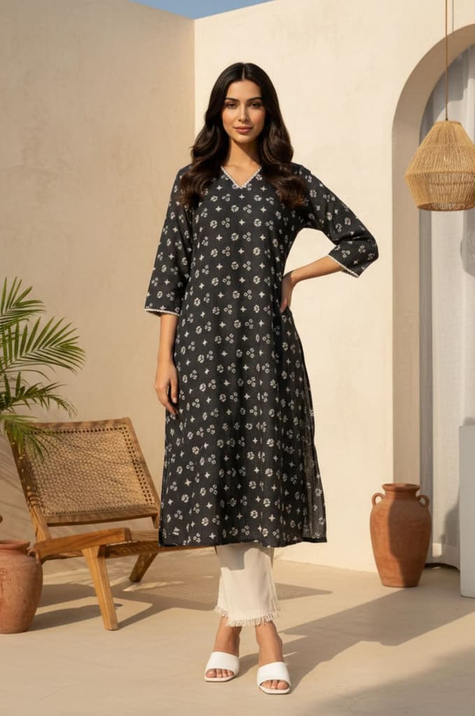 Charcoal Geometric Printed Lace Pure Cotton A-line Kurta — XS