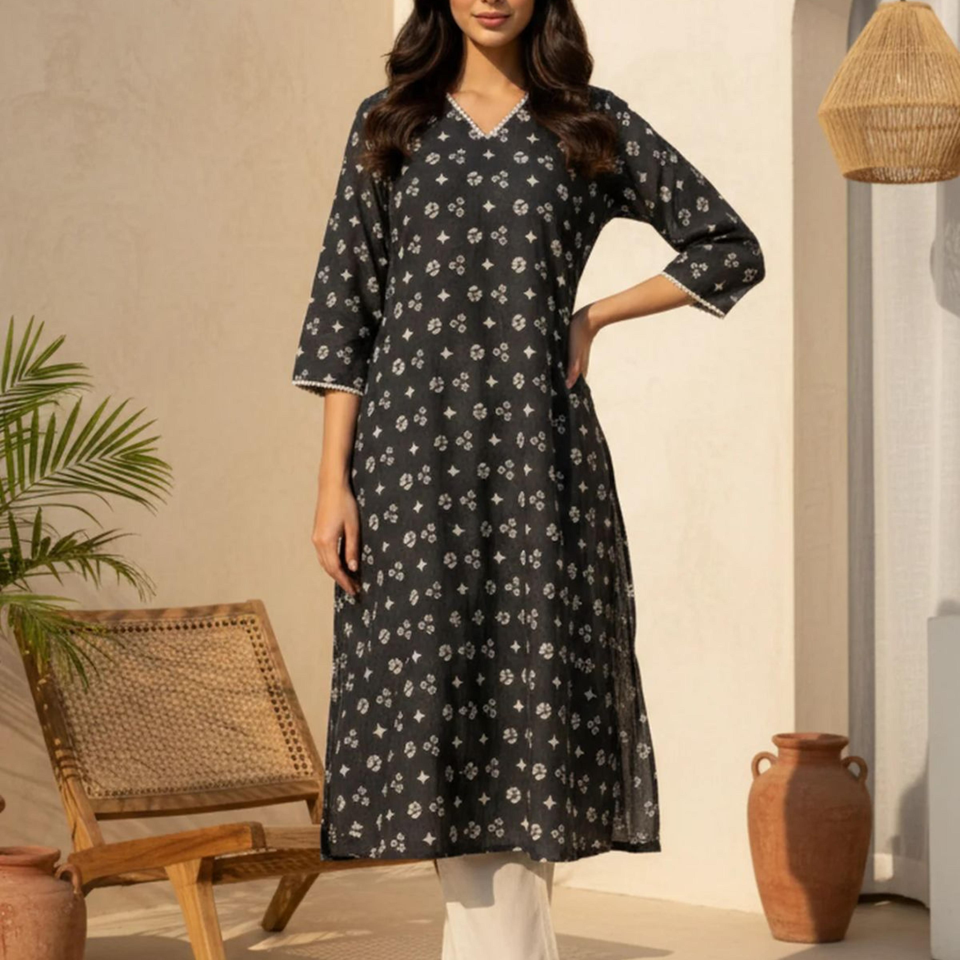 Charcoal Geometric Printed Lace Pure Cotton A-line Kurta