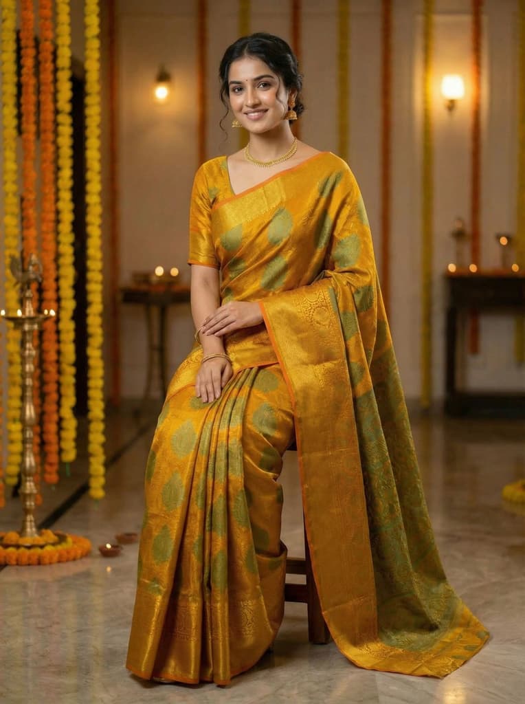 MIMOSA Women's Woven Design Kanjivaram Style Art Silk Saree with Blouse Piece - Mustard ( SA00003145MSFREE ) — photo 4