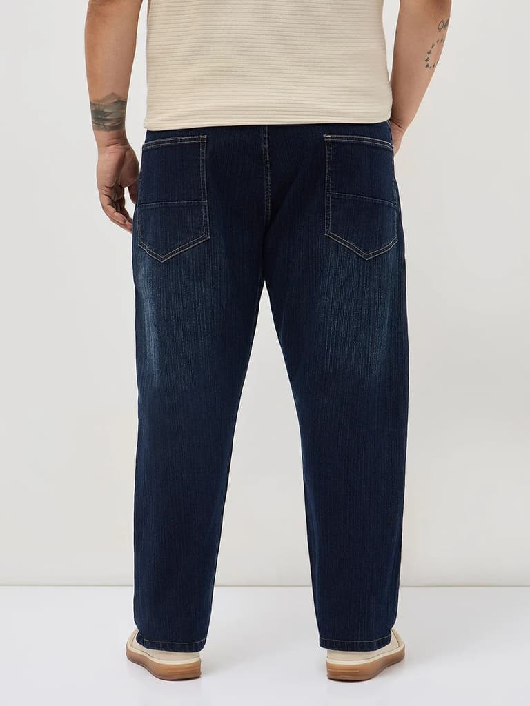 Plus Men's Dark Blue Straight Fit Washed Denim Jeans Stretchable — photo 3