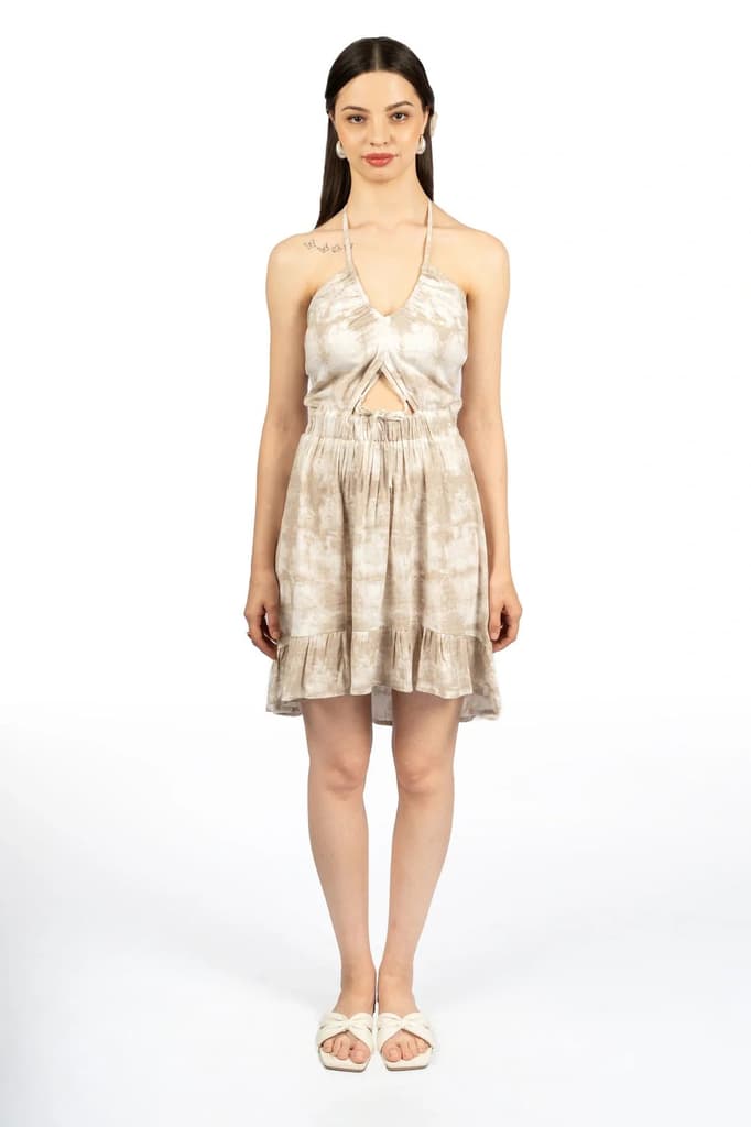 Off White & Brown Tie & Dye Fit & Flare Halter Dress — photo 2