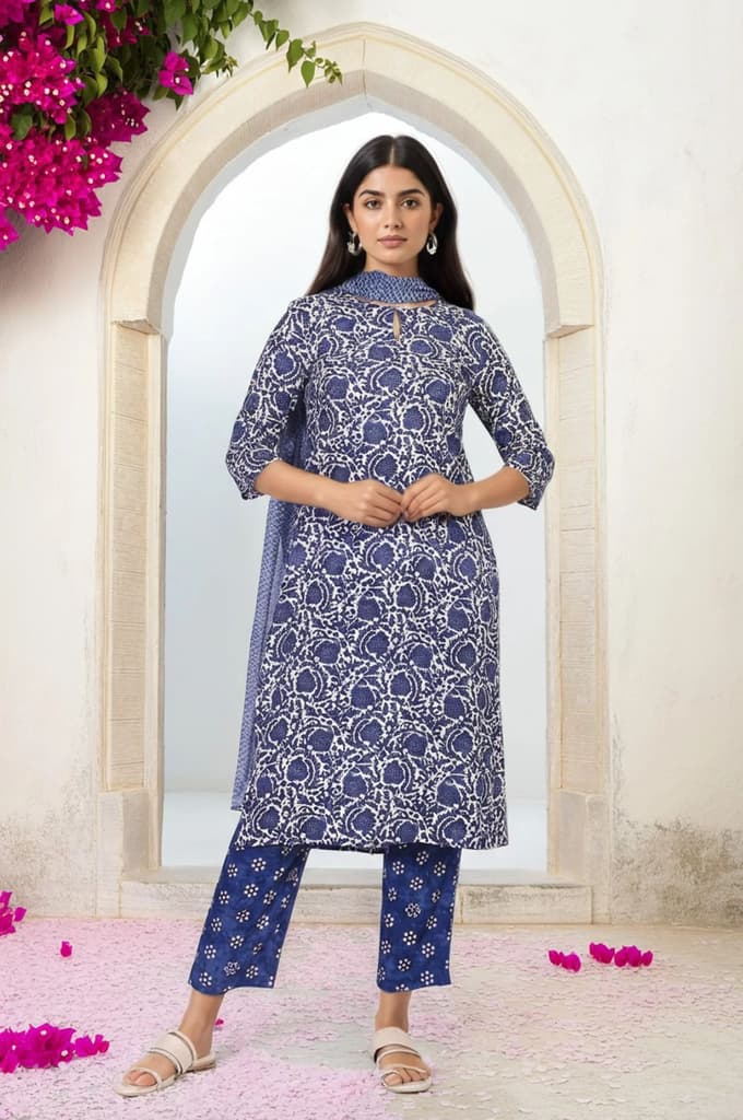 Blue Floral Printed Straight Kurta with Straight Pant and Dupatta Set — XS