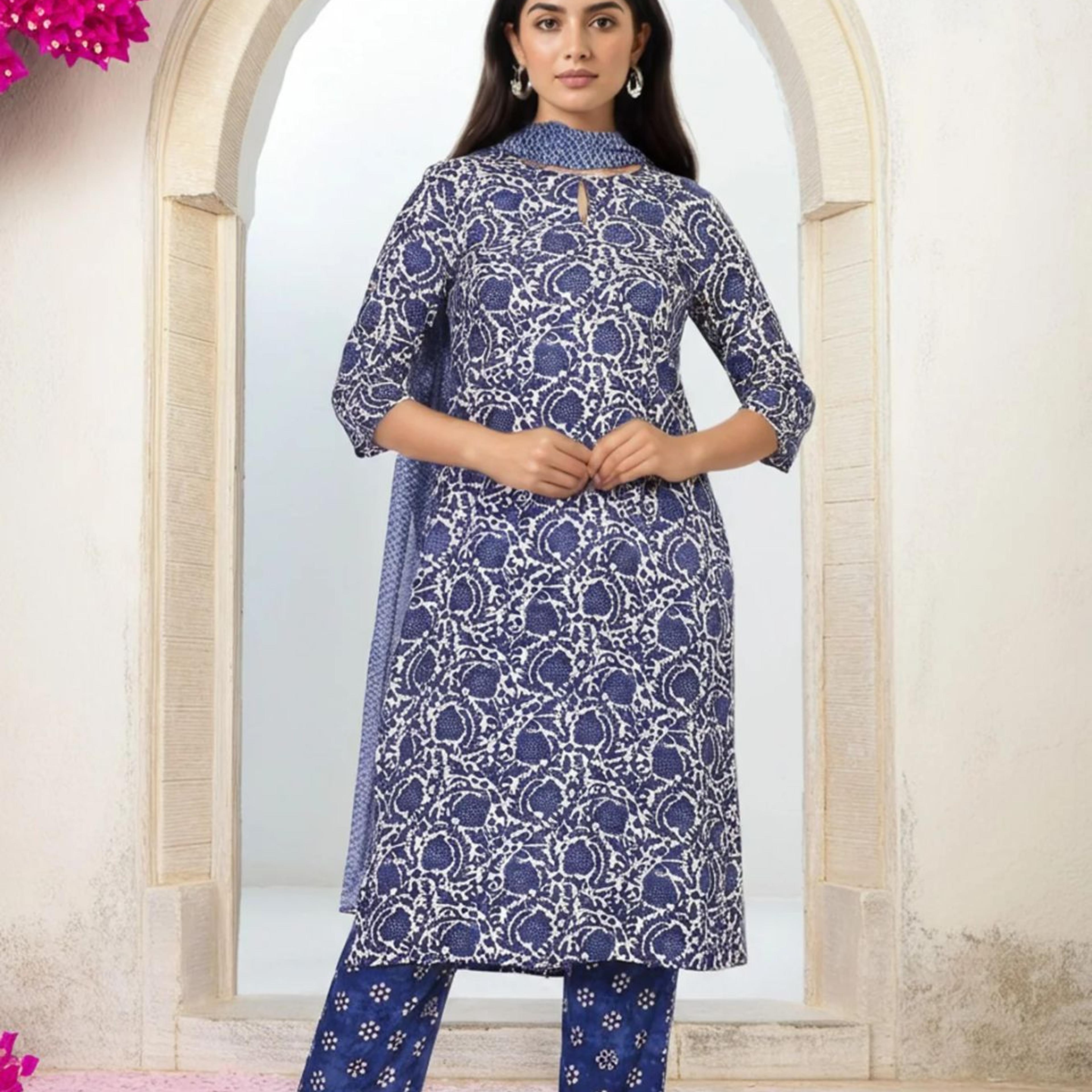 Blue Floral Printed Straight Kurta with Straight Pant and Dupatta Set
