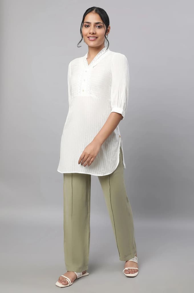 Muted Sage Green Solid Straight Fit Woven Pants With Pintuck Detail — photo 5