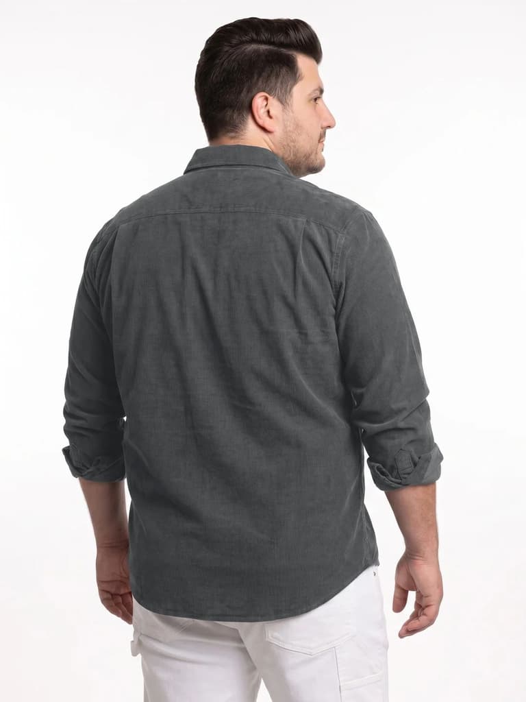 Plus Men's Grey Corduroy Full Sleeve Regular Fit Solid Overshirt with Utility Pockets — photo 3