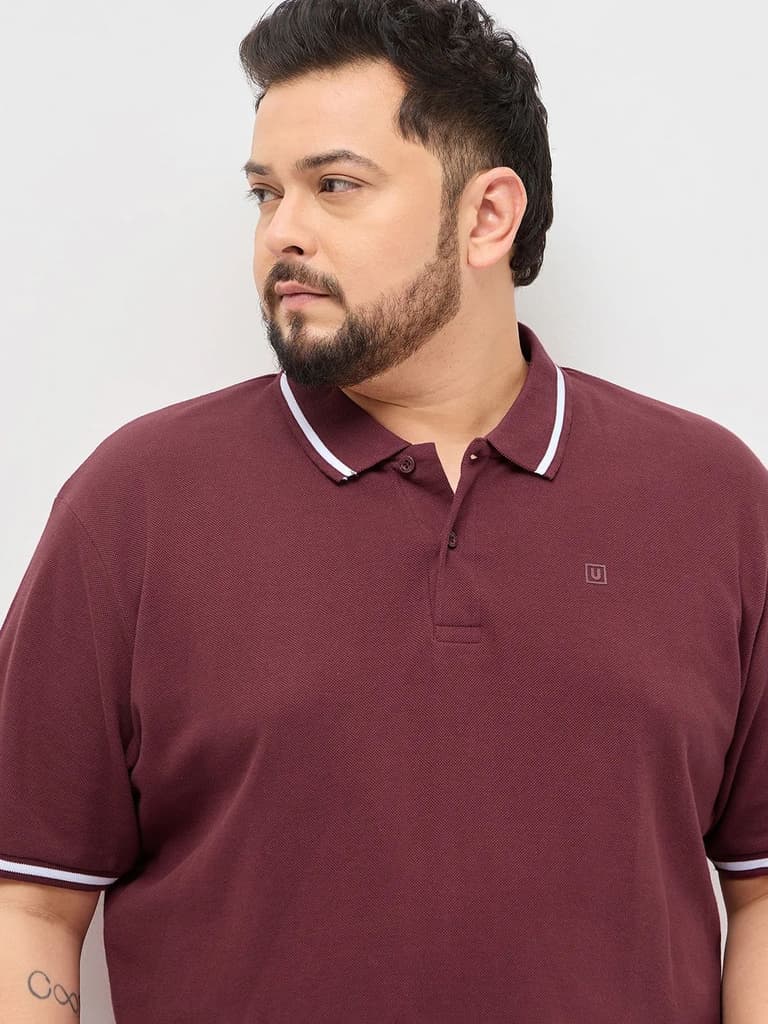 Plus Men's Maroon Solid Regular Fit Half Sleeve Cotton Polo T-Shirt — photo 5