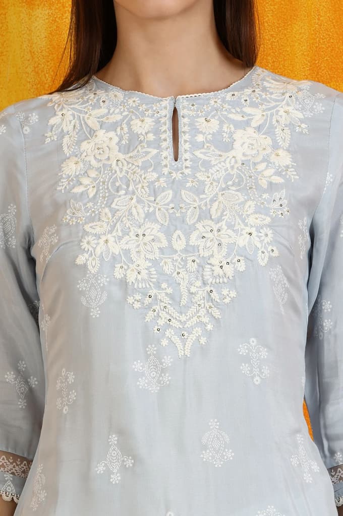 Powder Blue Embroidered Dull Shantung Straight Kurta — photo 4