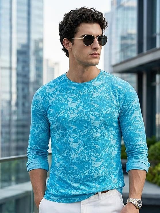 Men's Aqua Blue Printed Full Sleeve Slim Fit Cotton T-Shirt — S / Aqua Blue