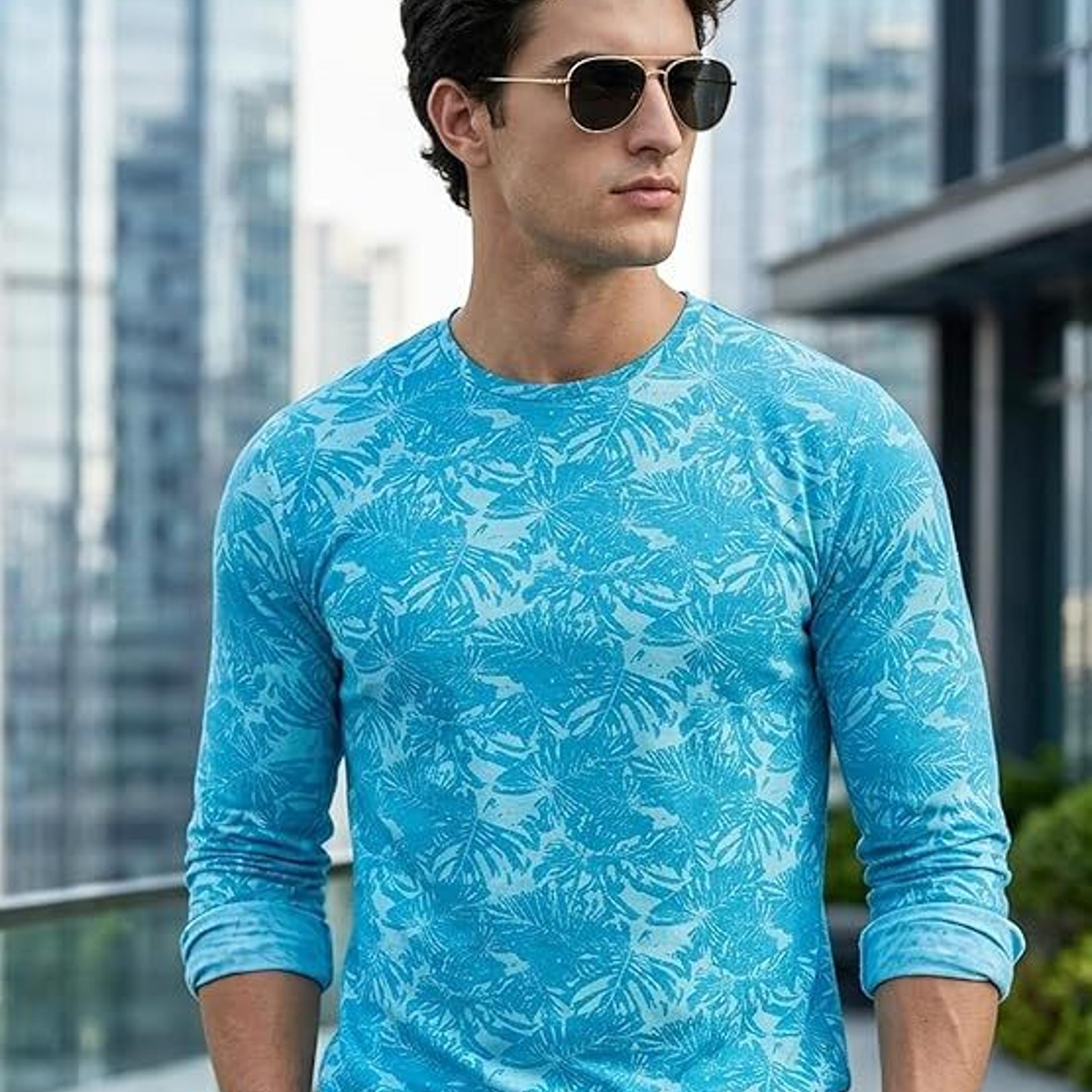 Men's Aqua Blue Printed Full Sleeve Slim Fit Cotton T-Shirt