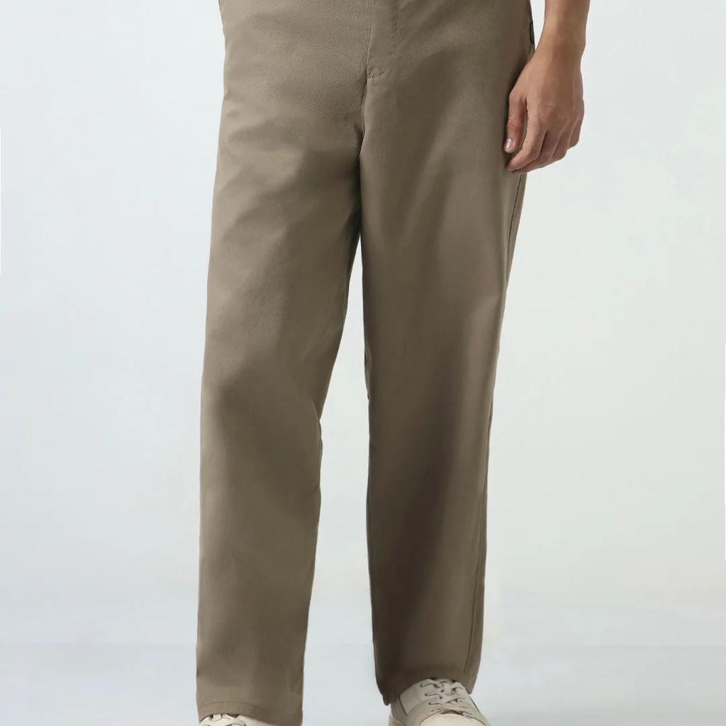 Men's Grey Loose Baggy Fit Solid Chino Trousers Non-Stretchable