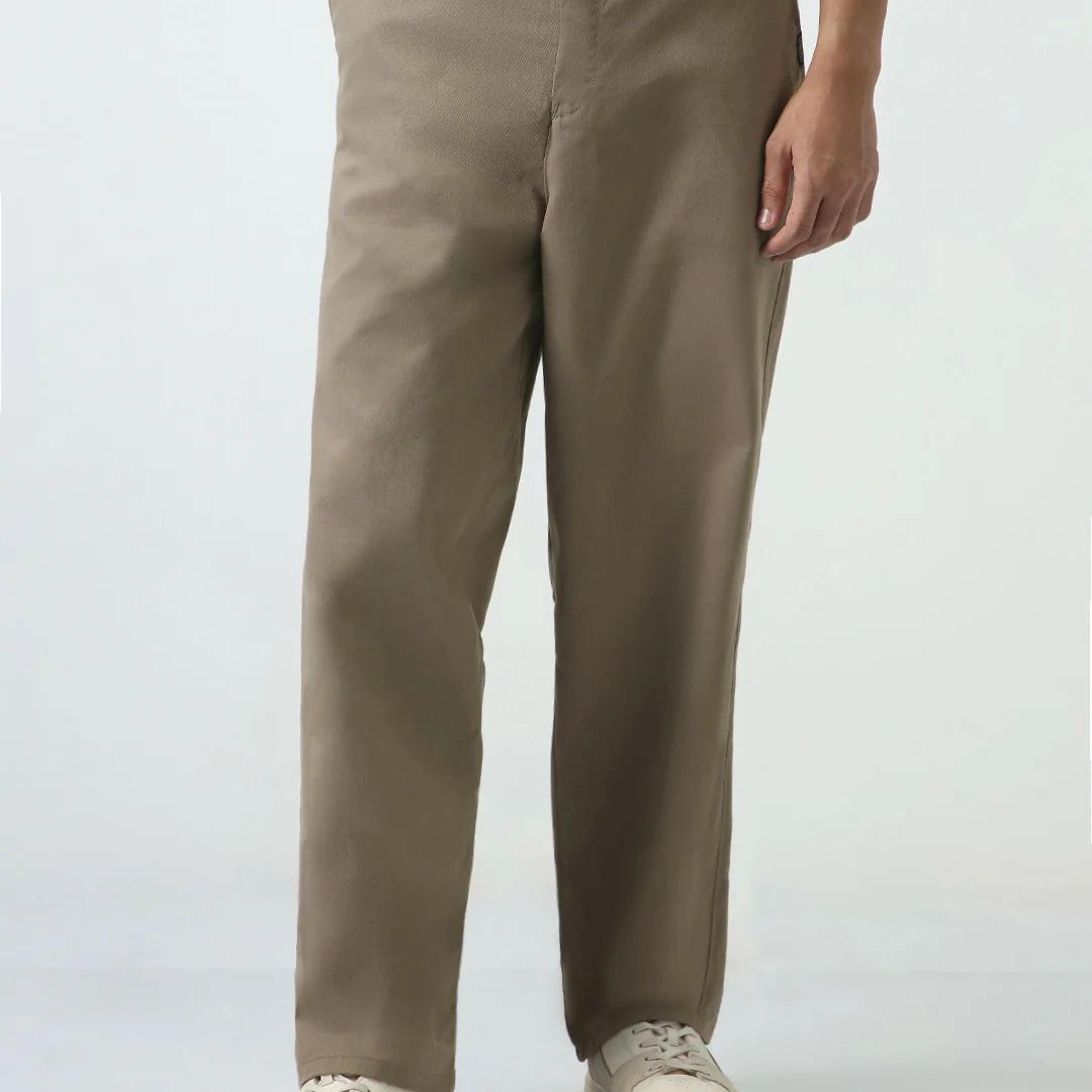 Men's Grey Loose Baggy Fit Solid Chino Trousers Non-Stretchable