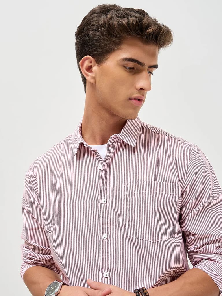 Men's Maroon Cotton Full Sleeve Regular Fit Casual Striped Shirt — photo 6