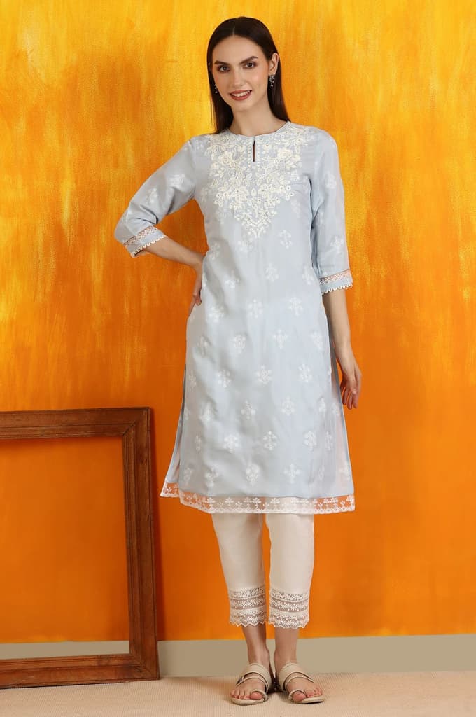 Powder Blue Embroidered Dull Shantung Straight Kurta — photo 3