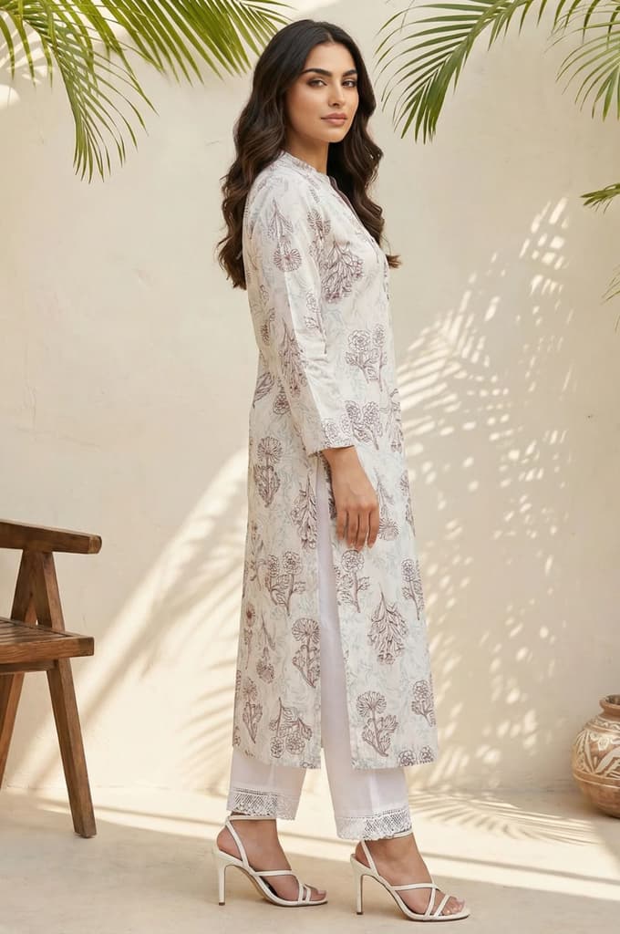 Off White Floral Printed Rayon Straight Kurta — photo 5