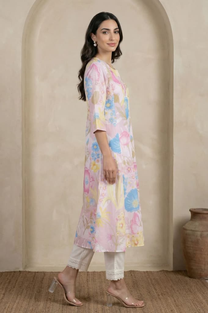 Pink Floral Printed Pure Cotton A-line Kurta — photo 6