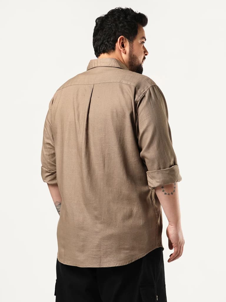 Plus Men's Coffee Linen Blend Full Sleeve Relaxed Fit Casual Solid Shirt — photo 3