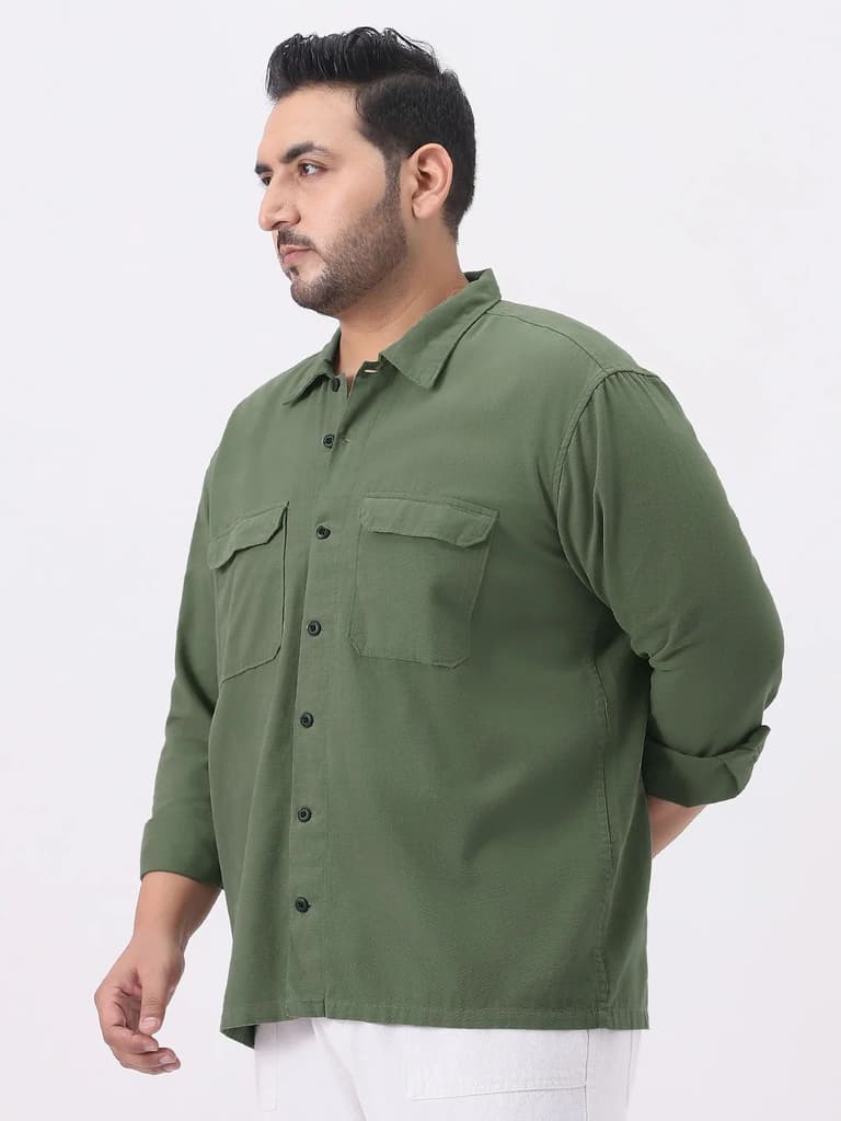 Plus Men's Green Cotton Full Sleeve Relaxed Fit Shacket with Utility Pockets — photo 2